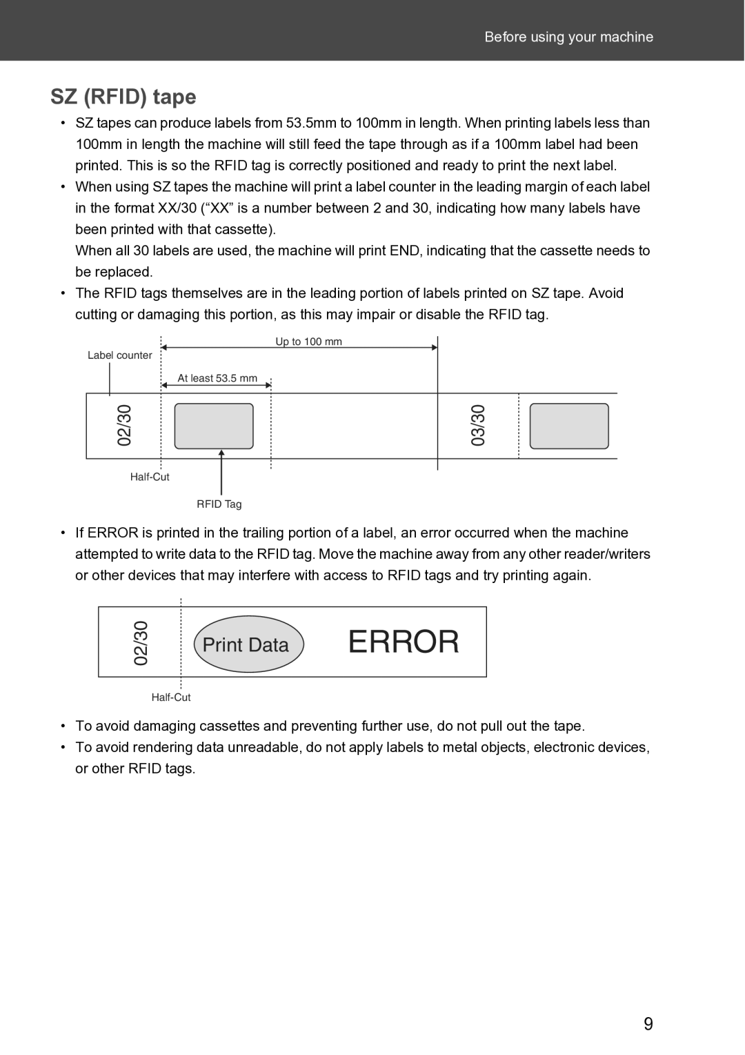 Brother RL-700S user manual SZ Rfid tape, Print Data Error 