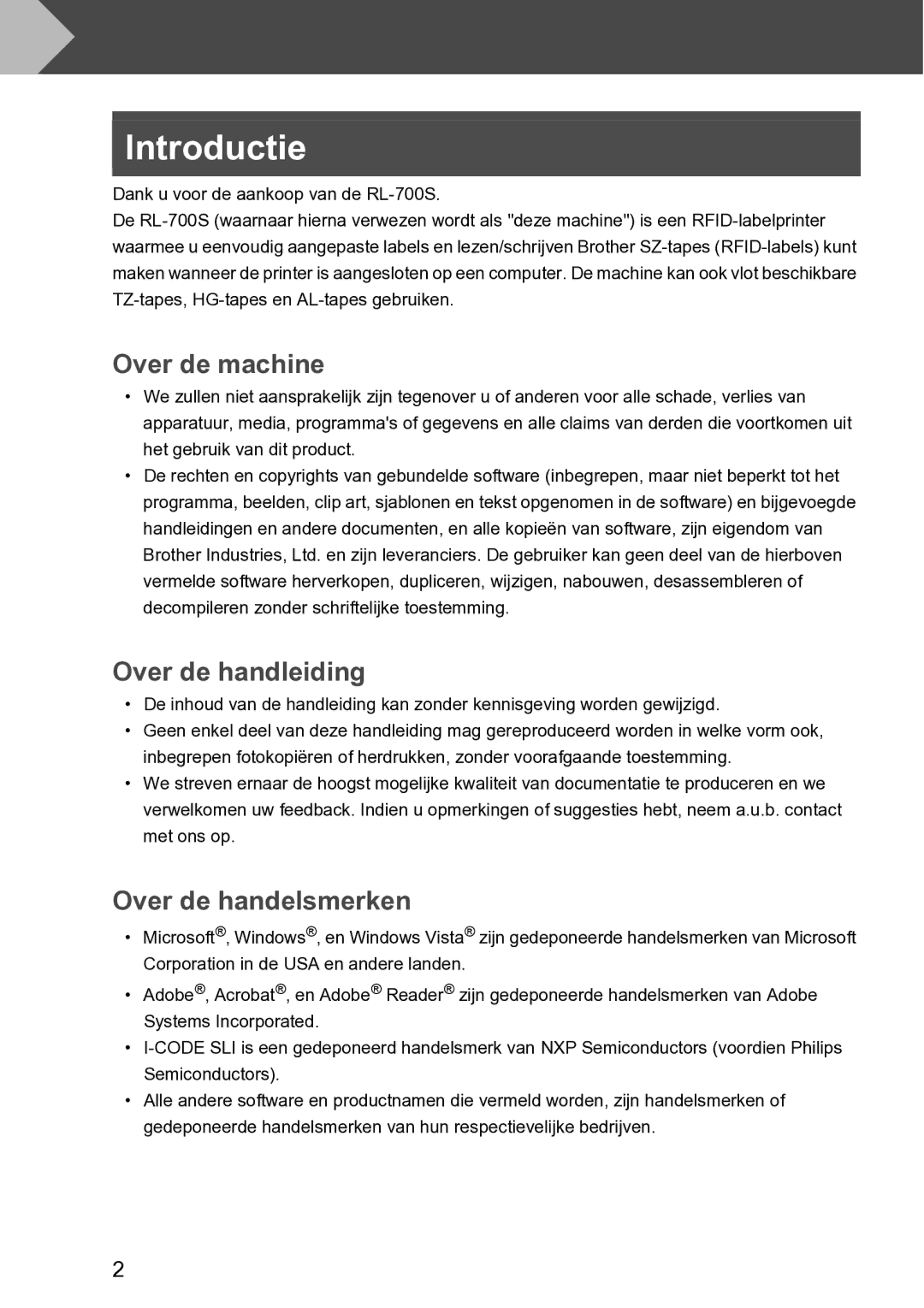 Brother RL-700S user manual Introductie, Over de machine, Over de handleiding, Over de handelsmerken 