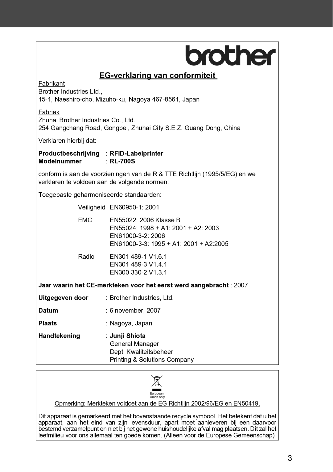 Brother user manual EG-verklaring van conformiteit, Productbeschrijving RFID-Labelprinter Modelnummer RL-700S, Plaats 