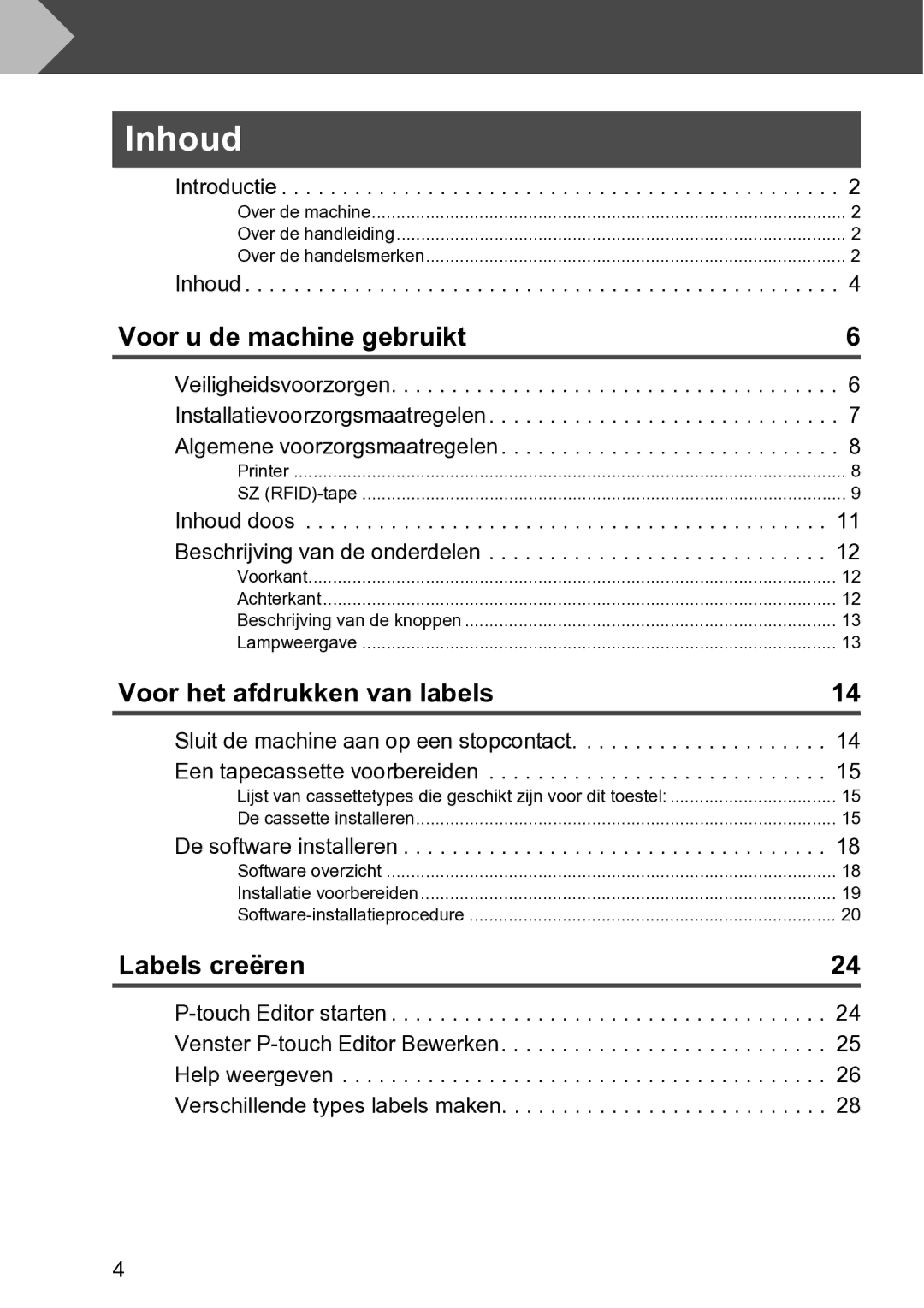 Brother RL-700S user manual Introductie, Inhoud doos Beschrijving van de onderdelen, De software installeren 