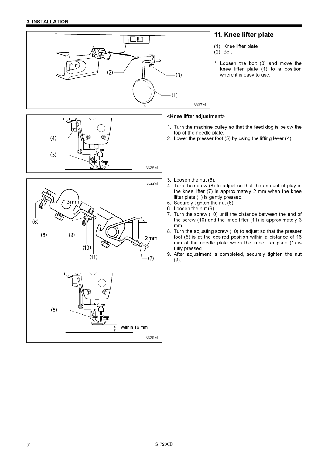 Brother S-7200B operation manual Knee lifter plate, Knee lifter adjustment 