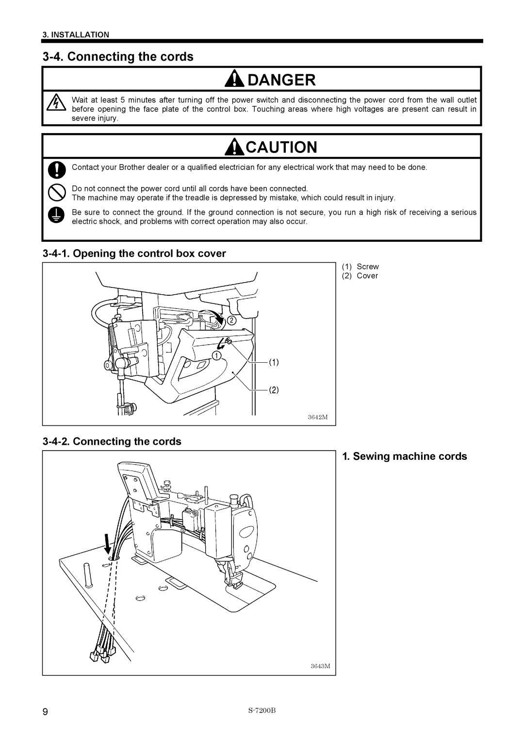 Brother S-7200B operation manual Opening the control box cover, Connecting the cords Sewing machine cords 