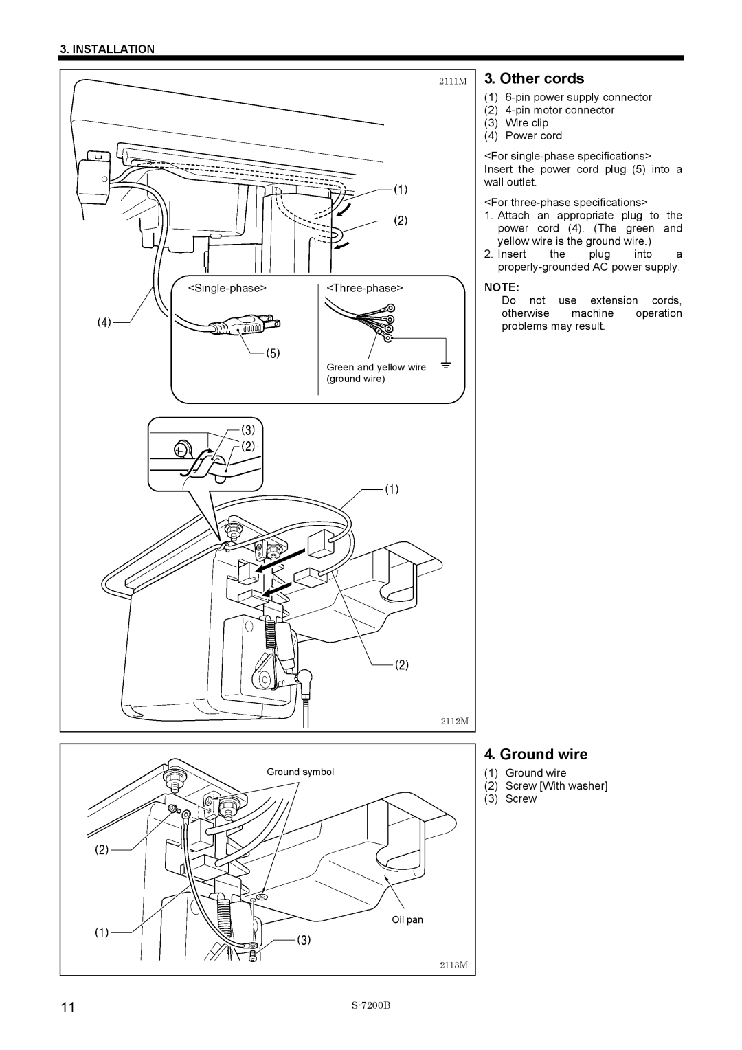 Brother S-7200B operation manual Other cords, Ground wire 