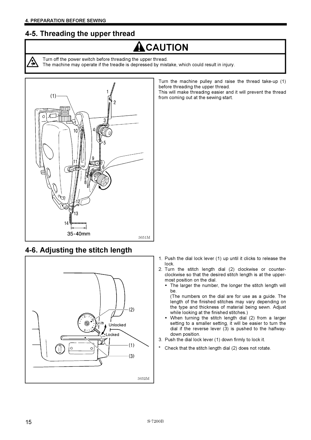 Brother S-7200B operation manual Threading the upper thread, Adjusting the stitch length 