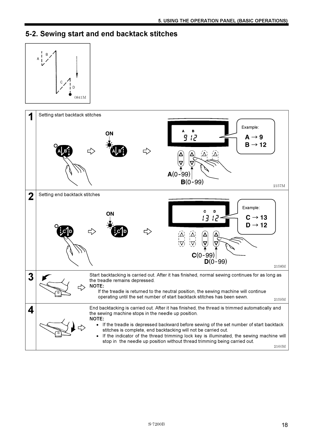 Brother S-7200B operation manual Sewing start and end backtack stitches, Setting end backtack stitches 