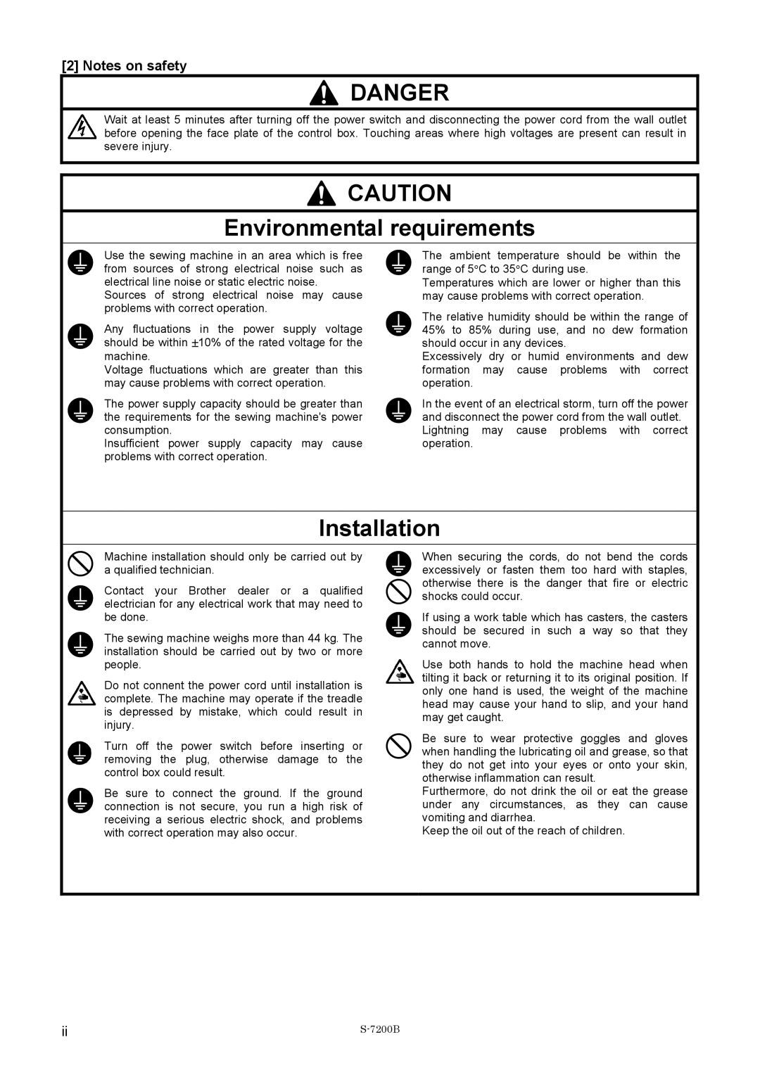 Brother S-7200B operation manual Environmental requirements 