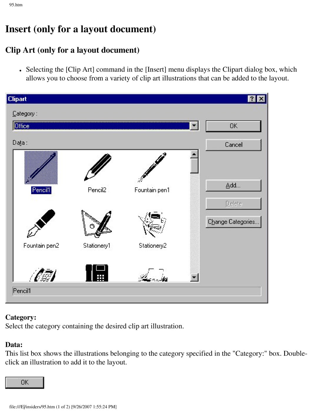 Brother SC-2000 manual Insert only for a layout document, Clip Art only for a layout document, Category, Data 