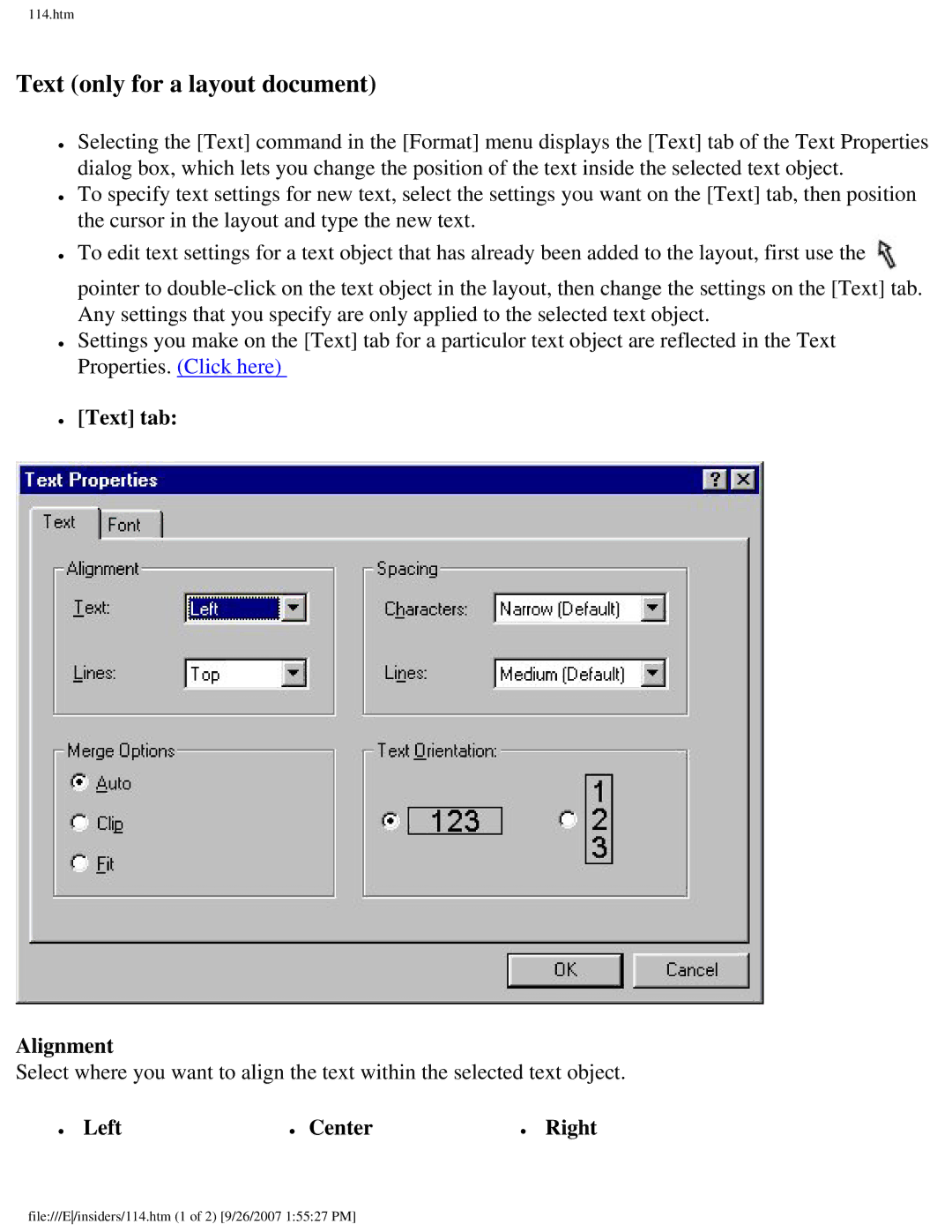 Brother SC-2000 manual Text only for a layout document, Text tab Alignment, Left Center Right 