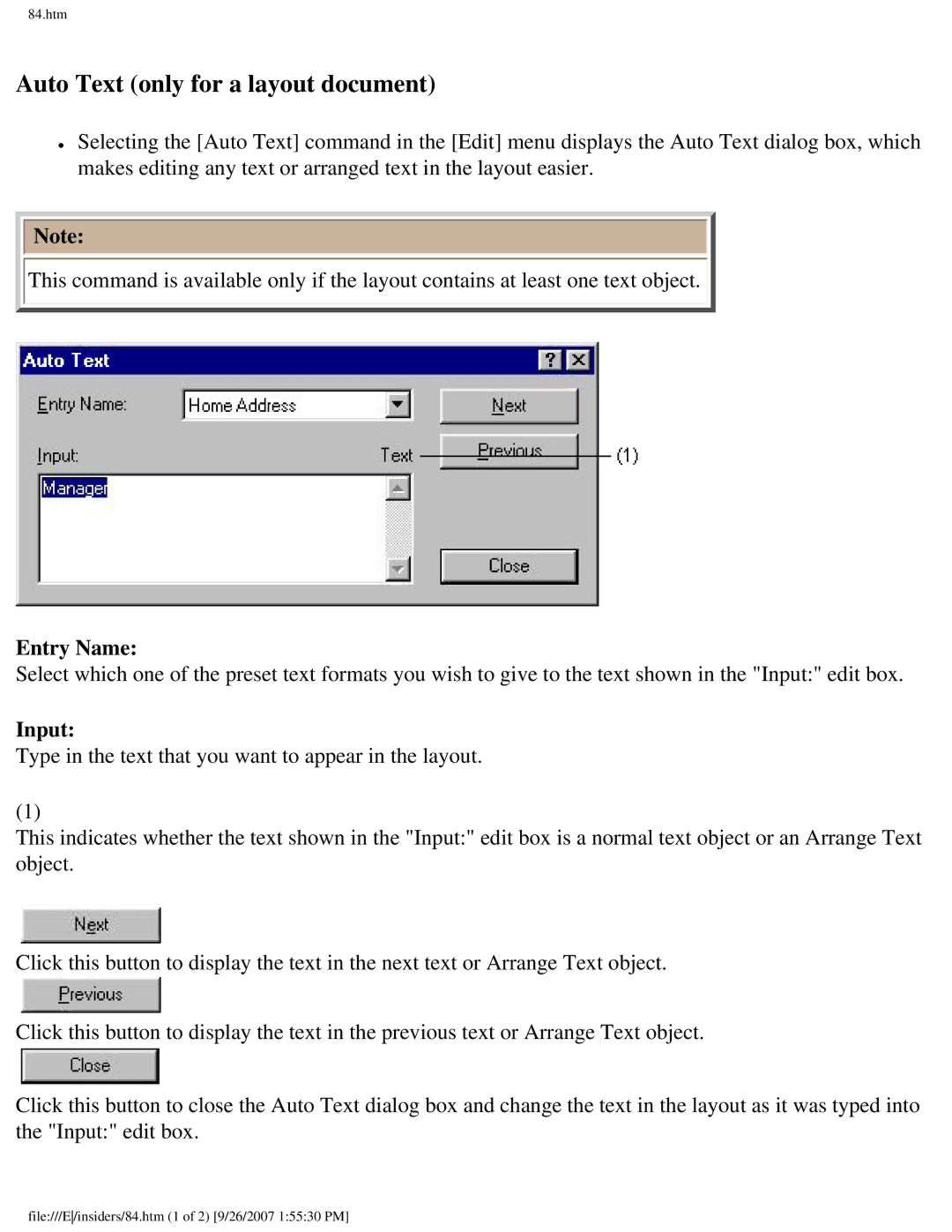 Brother SC-2000 manual Auto Text only for a layout document, Entry Name, Input 