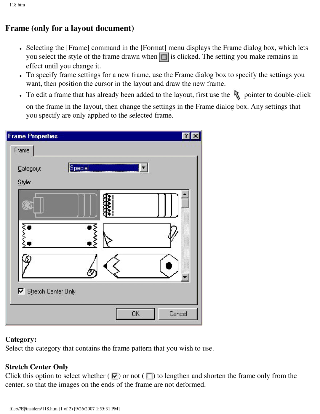 Brother SC-2000 manual Frame only for a layout document, Stretch Center Only 