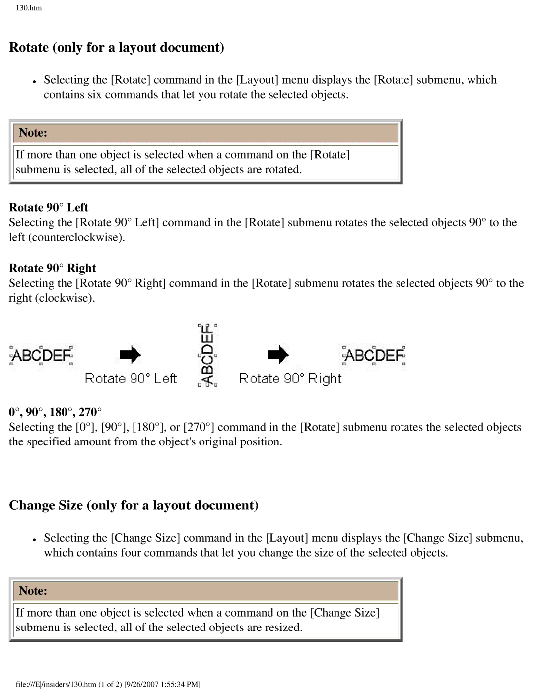 Brother SC-2000 Rotate only for a layout document, Change Size only for a layout document, Rotate 90 Left, Rotate 90 Right 