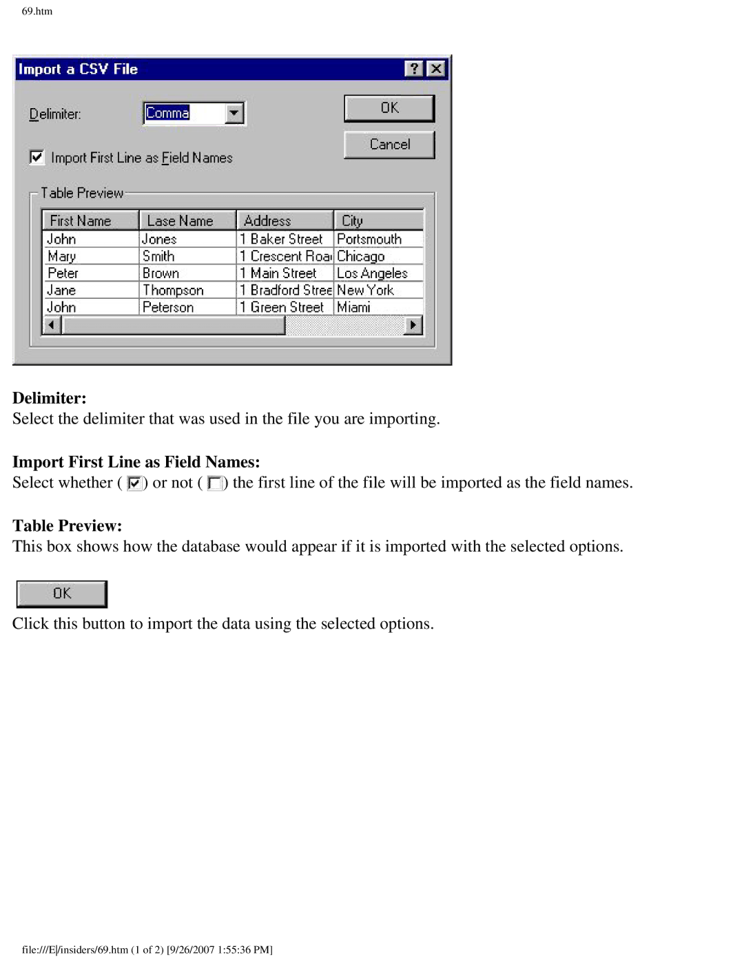 Brother SC-2000 manual Delimiter, Import First Line as Field Names, Table Preview 