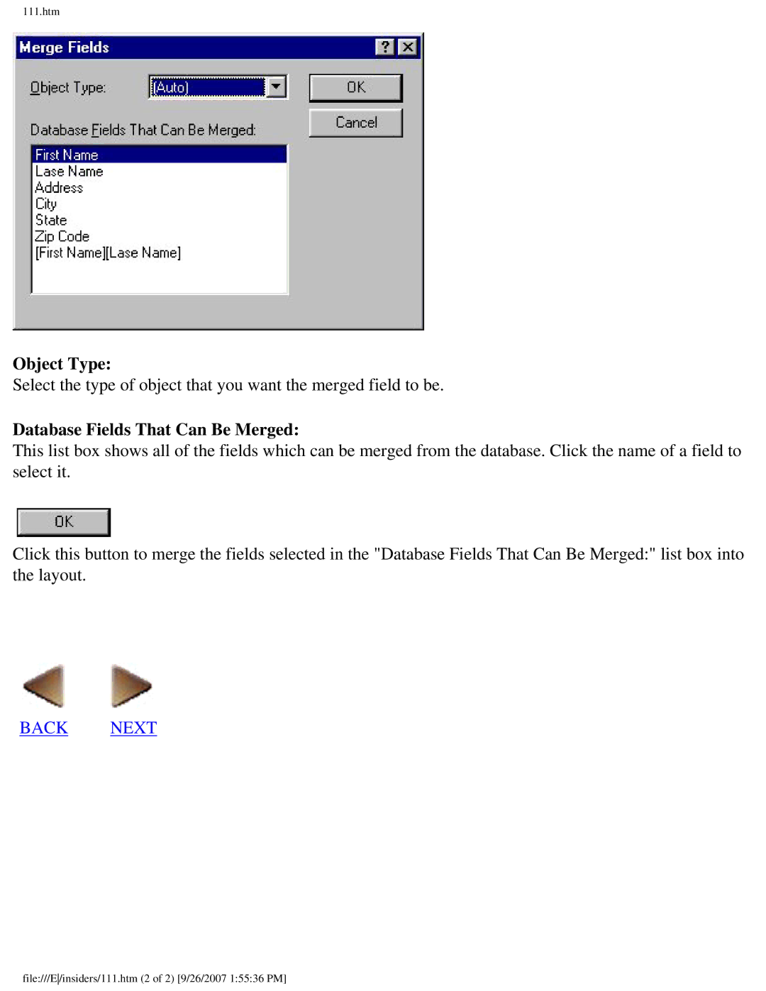 Brother SC-2000 manual Object Type, Database Fields That Can Be Merged 