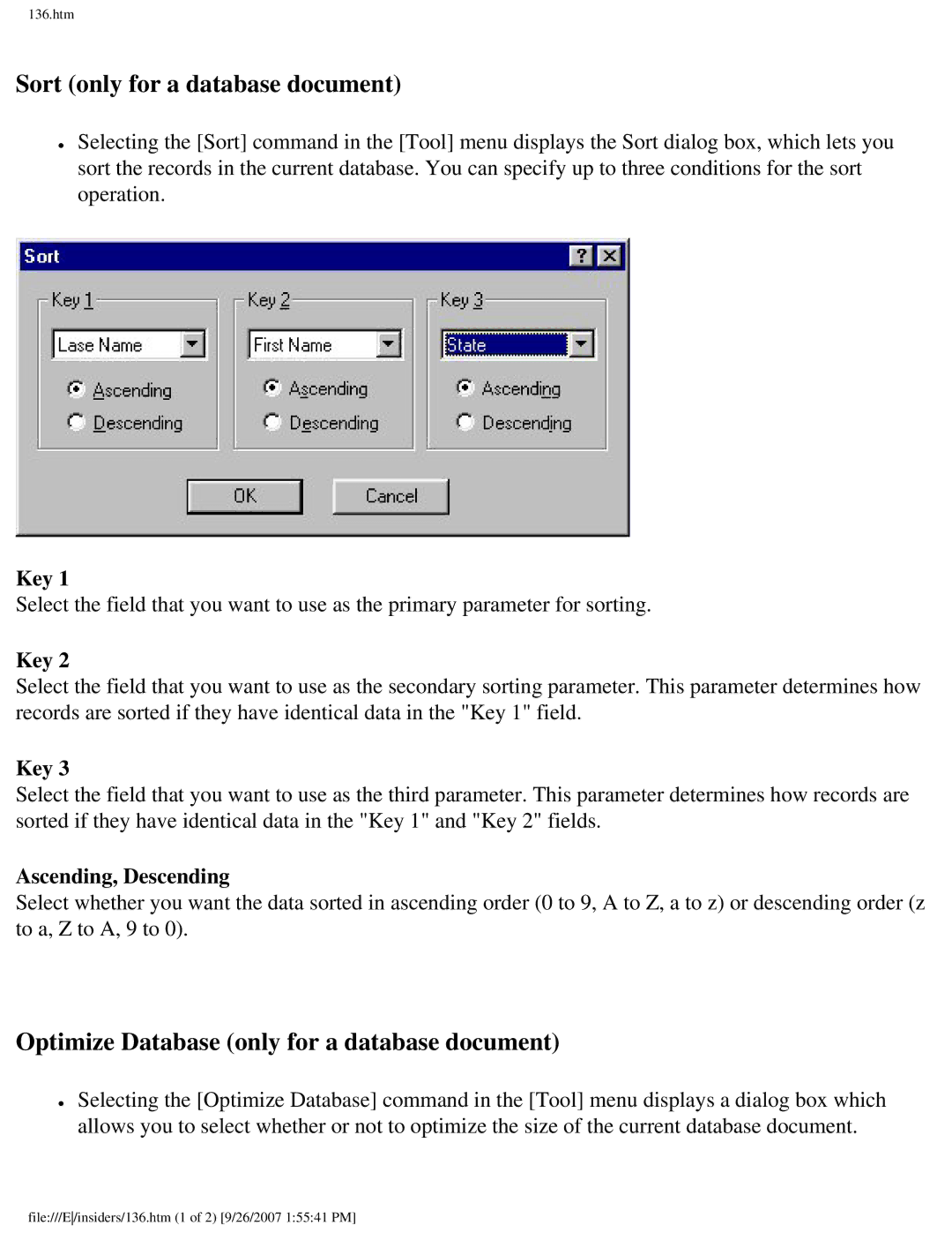 Brother SC-2000 manual Sort only for a database document, Optimize Database only for a database document, Key 