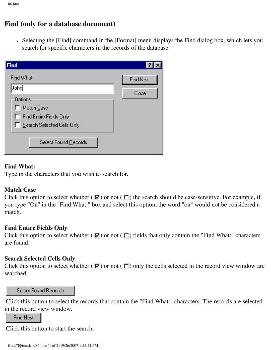 Brother SC-2000 manual Find only for a database document, Find What, Match Case, Find Entire Fields Only 