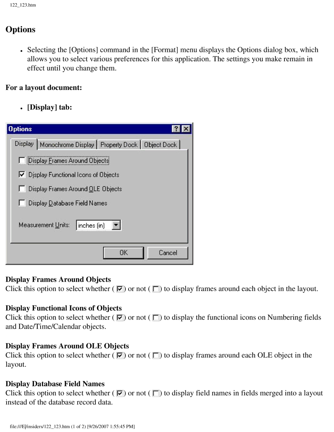 Brother SC-2000 manual Display Functional Icons of Objects, Display Frames Around OLE Objects, Display Database Field Names 