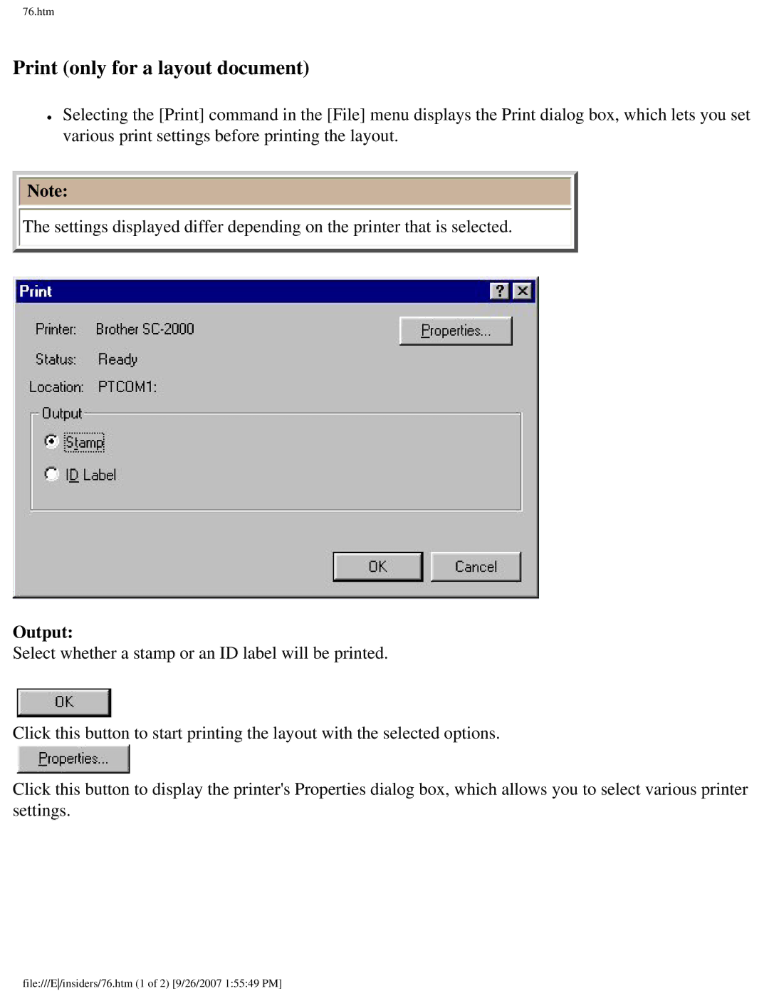 Brother SC-2000 manual Print only for a layout document, Output 