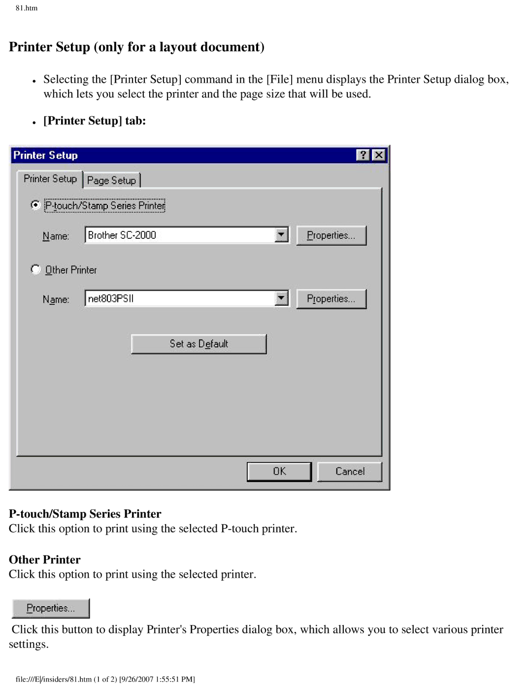 Brother SC-2000 Printer Setup only for a layout document, Printer Setup tab Touch/Stamp Series Printer, Other Printer 