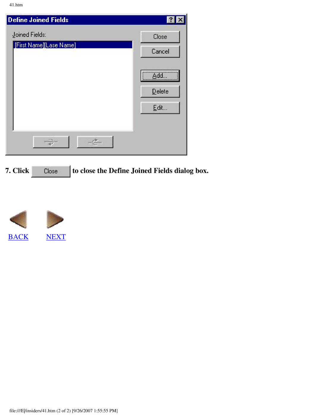 Brother SC-2000 manual Click to close the Define Joined Fields dialog box 