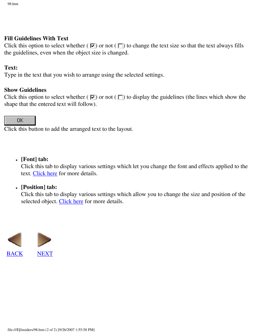 Brother SC-2000 manual Fill Guidelines With Text, Show Guidelines, Position tab 