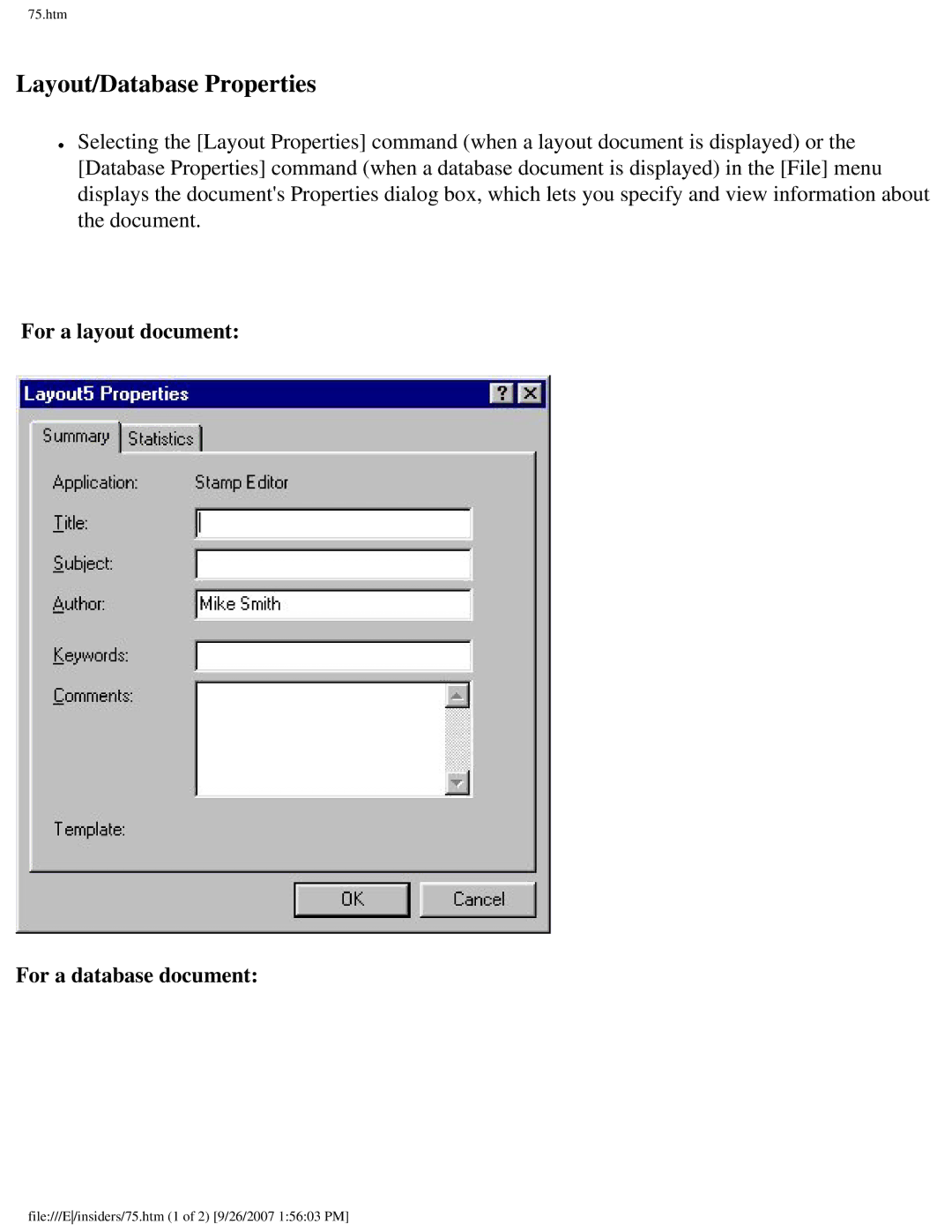 Brother SC-2000 manual Layout/Database Properties, For a layout document For a database document 