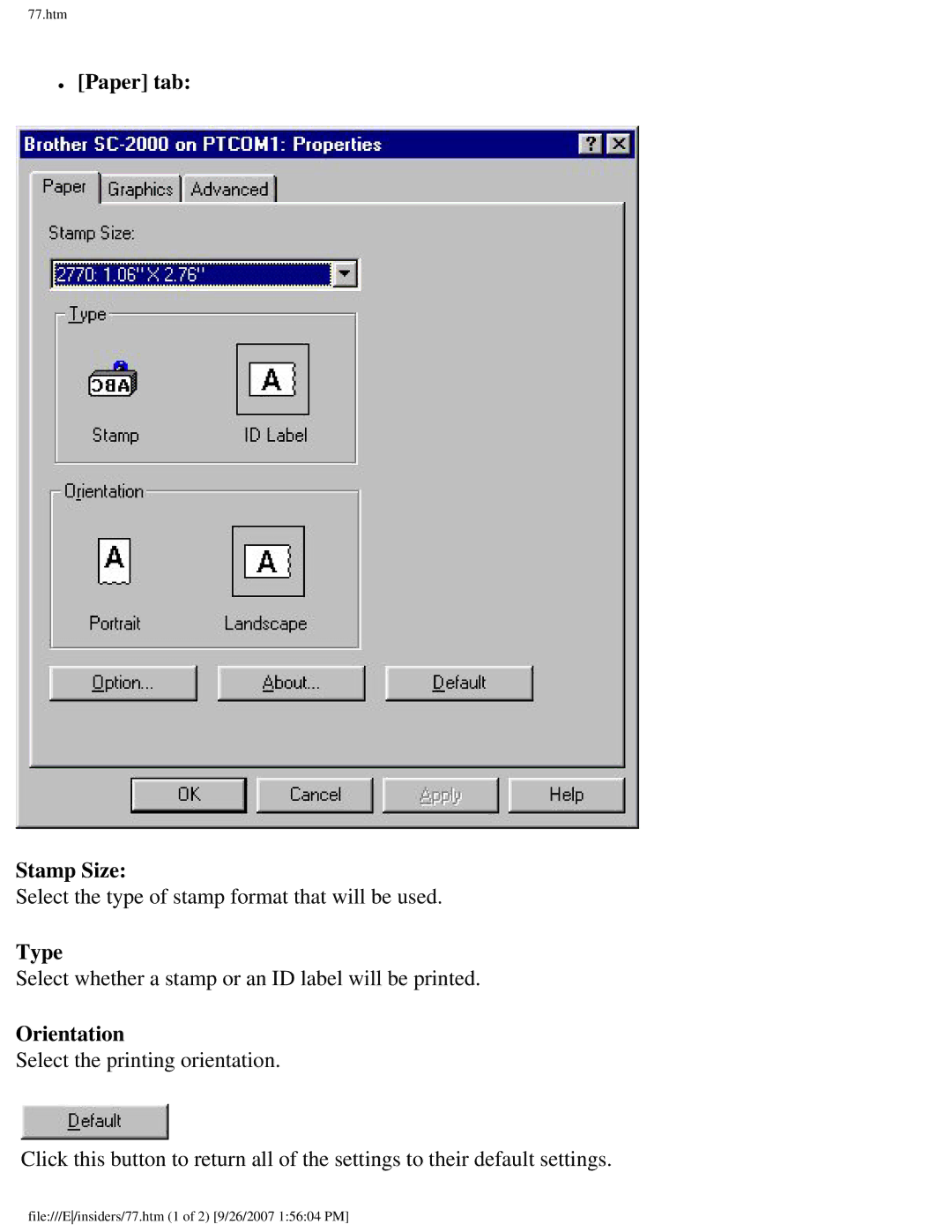 Brother SC-2000 manual Paper tab Stamp Size, Type 