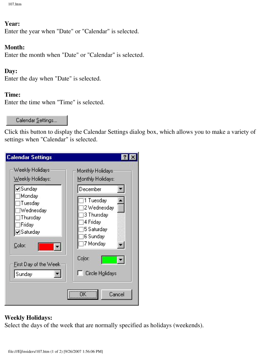 Brother SC-2000 manual Year, Month, Day, Weekly Holidays 