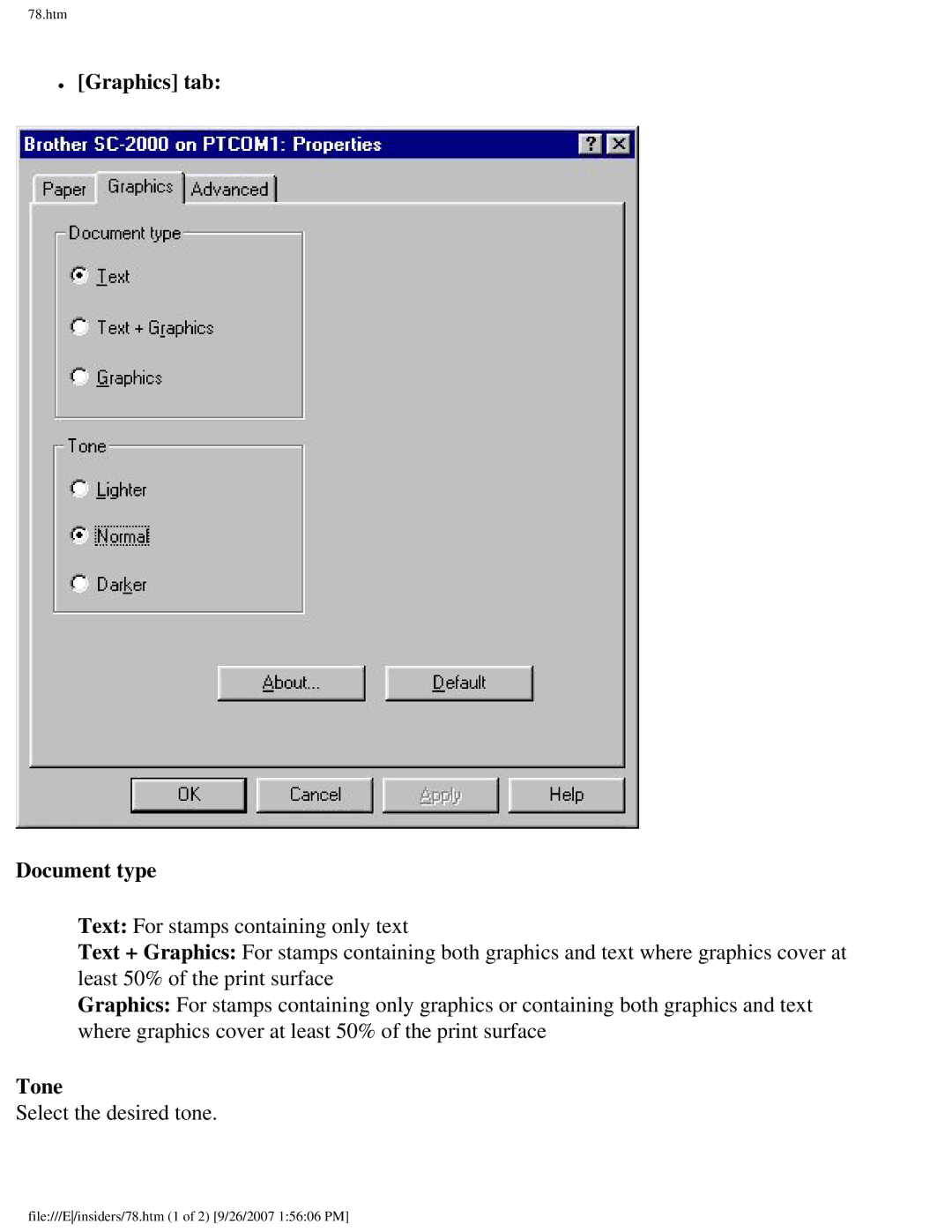 Brother SC-2000 manual Graphics tab Document type, Tone 