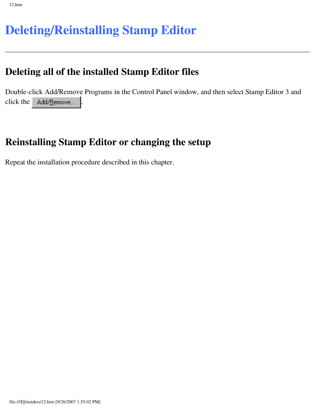 Brother SC-2000 manual Deleting/Reinstalling Stamp Editor, Deleting all of the installed Stamp Editor files 