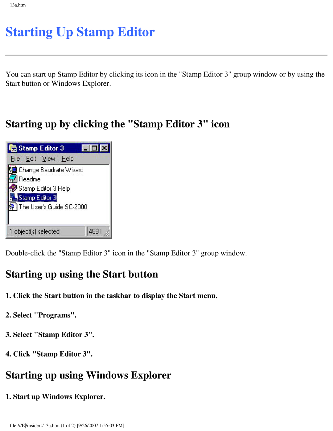 Brother SC-2000 manual Starting Up Stamp Editor, Starting up by clicking the Stamp Editor 3 icon, Start up Windows Explorer 