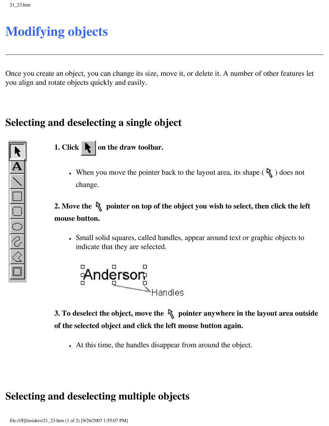 Brother SC-2000 Modifying objects, Selecting and deselecting a single object, Selecting and deselecting multiple objects 