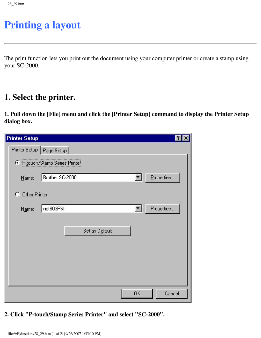 Brother SC-2000 manual Printing a layout, Select the printer 