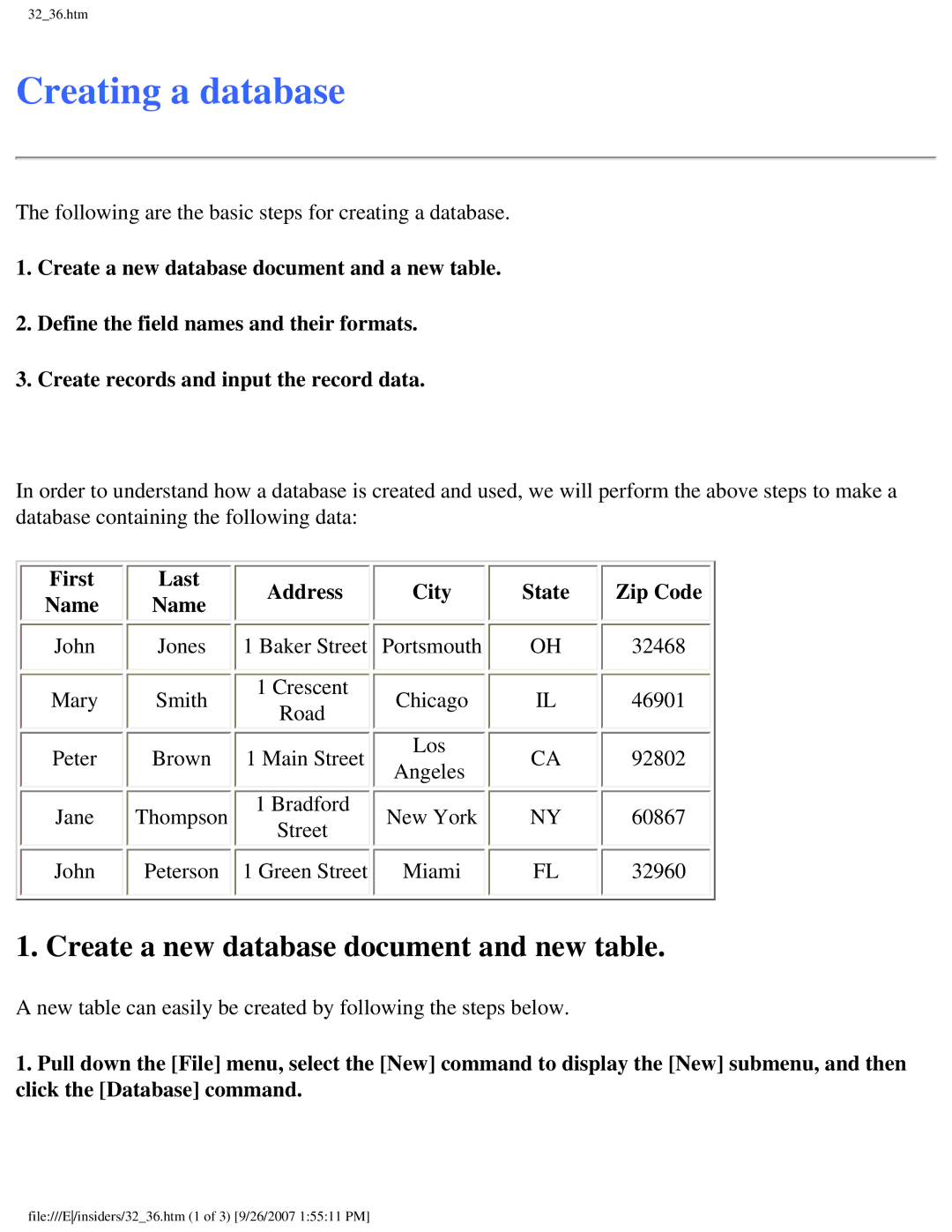 Brother SC-2000 manual Creating a database, Create a new database document and new table, First, City 