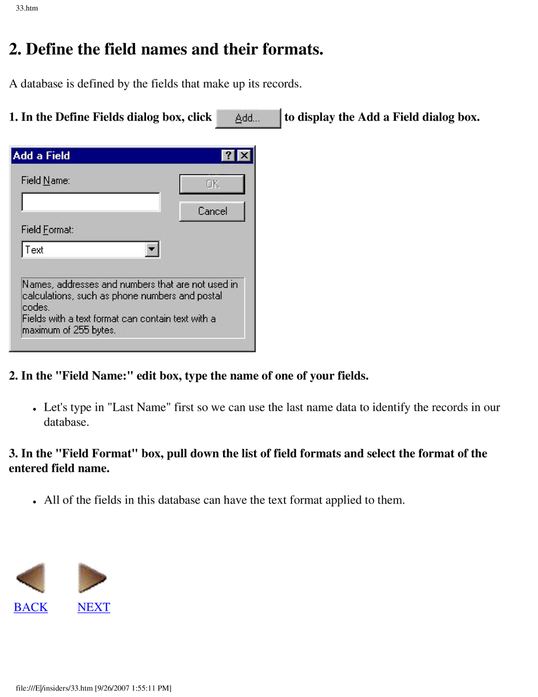 Brother SC-2000 manual Define the field names and their formats 