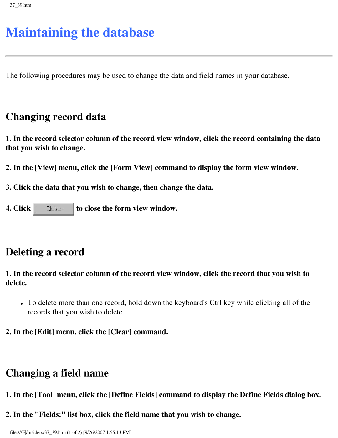 Brother SC-2000 manual Maintaining the database, Changing record data, Deleting a record, Changing a field name 