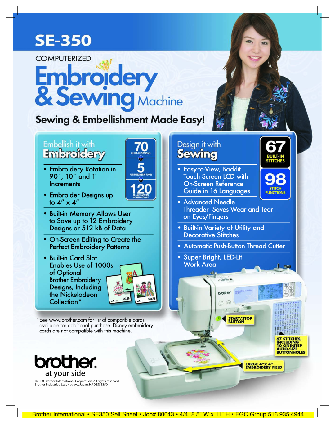 Brother SE-350 manual Embroidery Rotation in 90˚, 10˚ and 1˚ Increments, Embroider Designs up to 4” x 4” 