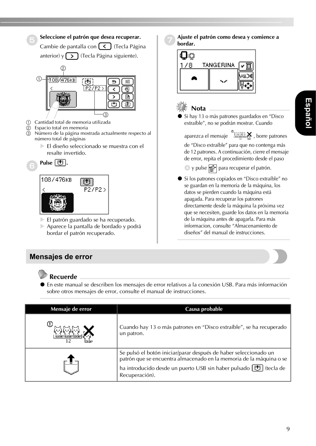 Brother SE400 instruction manual Mensajes de error, ESeleccione el patrón que desea recuperar, Pulse 