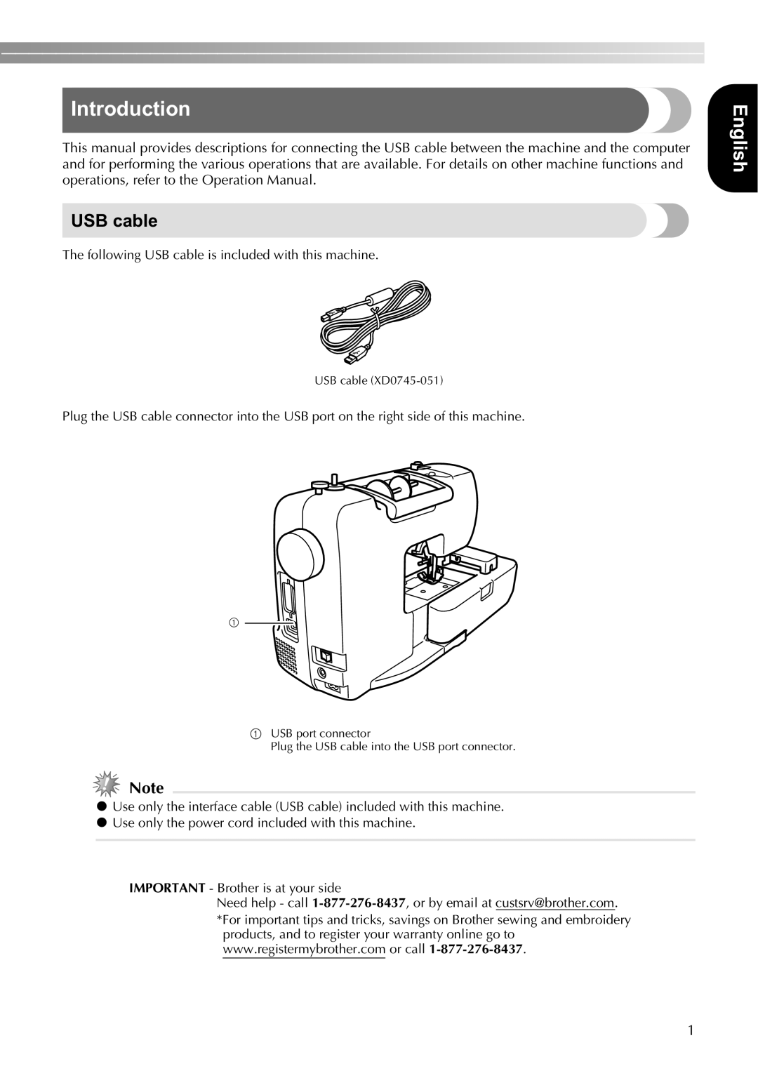 Brother SE400 instruction manual Introduction, USB cable 