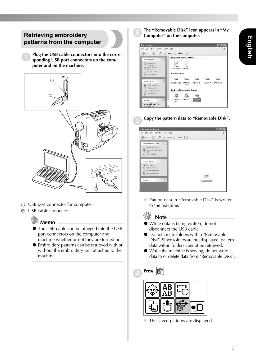 Brother SE400 instruction manual Retrieving embroidery patterns from the computer, DPress 