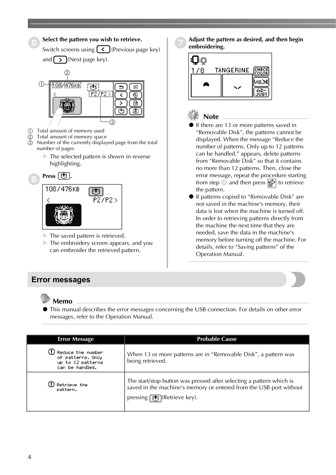 Brother SE400 instruction manual Error messages, ESelect the pattern you wish to retrieve, Press 