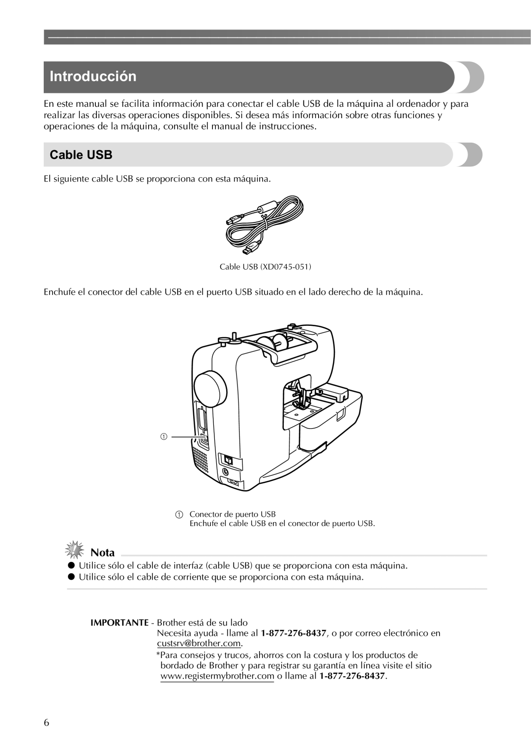 Brother SE400 instruction manual Introducción, Cable USB 