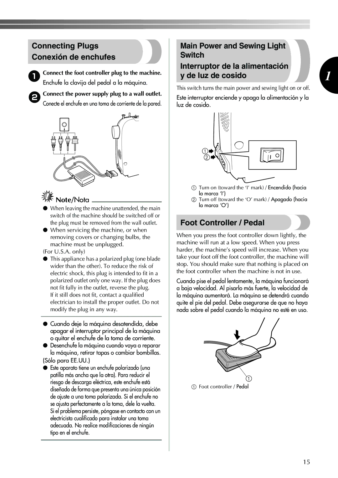 Brother Sewing Machine operation manual Connecting Plugs Conexión de enchufes, Foot Controller / Pedal, Sólo para EE.UU 