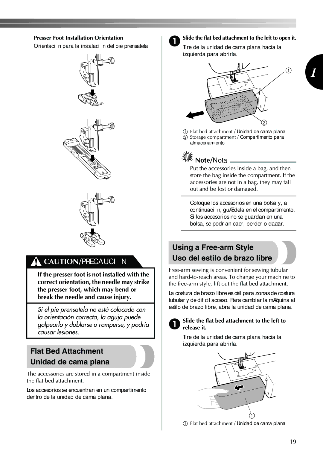 Brother Sewing Machine Flat Bed Attachment Unidad de cama plana, Using a Free-arm Style Uso del estilo de brazo libre 