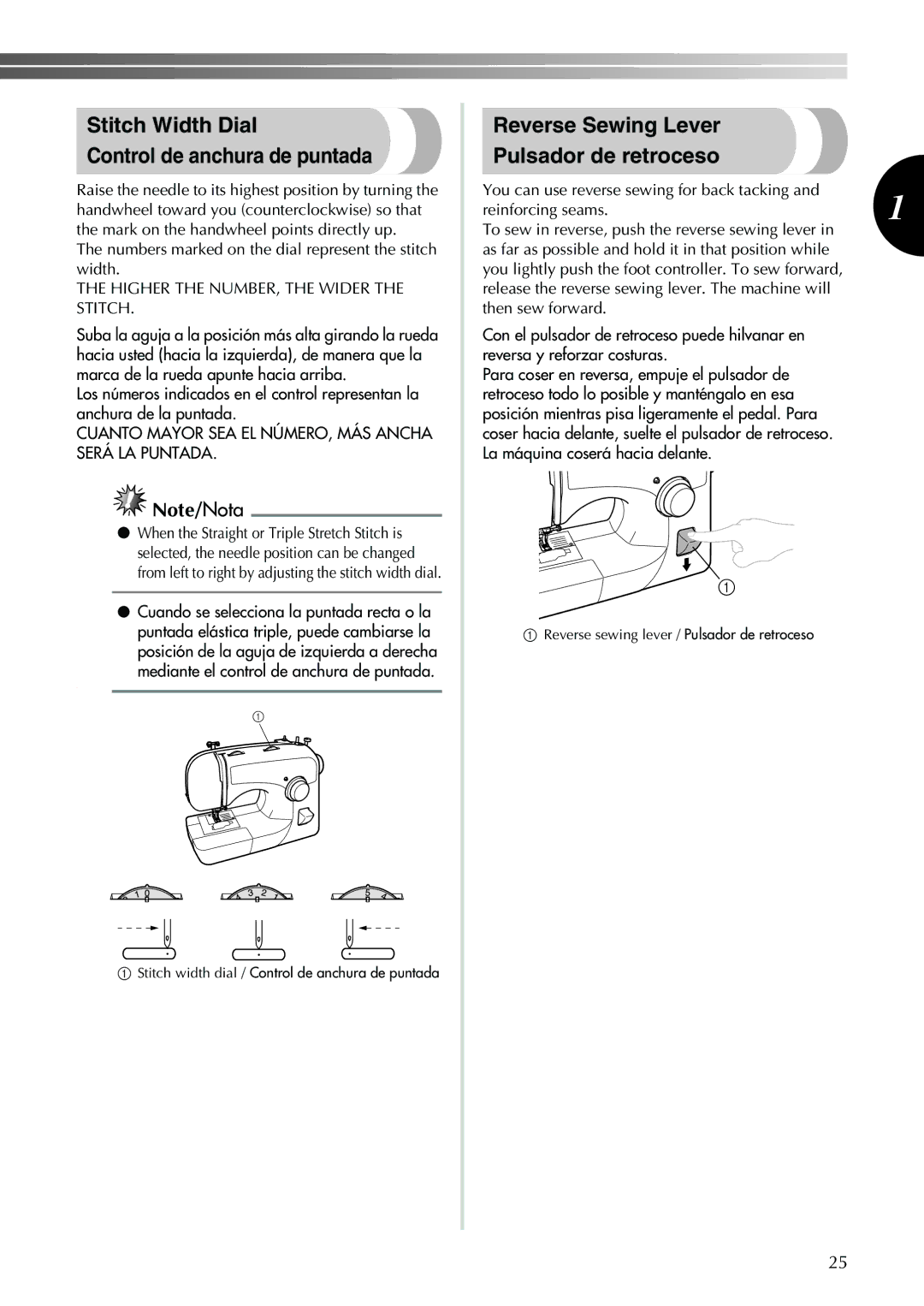 Brother Sewing Machine Stitch Width Dial Control de anchura de puntada, Reverse Sewing Lever Pulsador de retroceso 