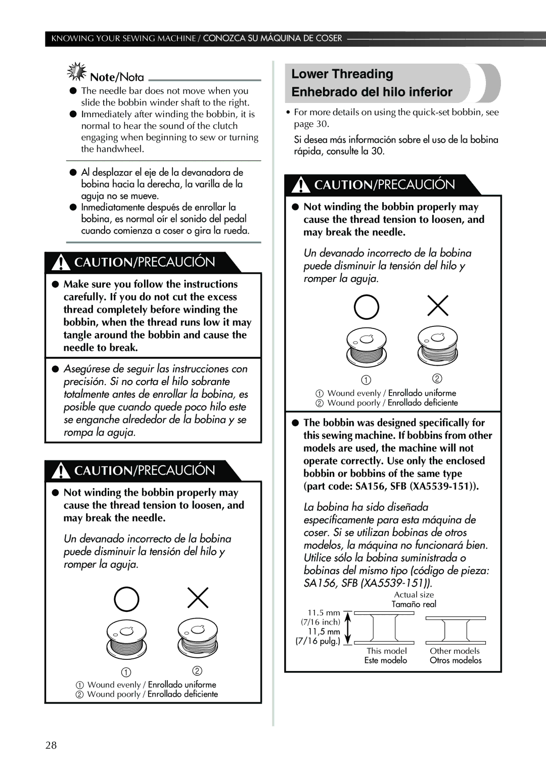 Brother Sewing Machine operation manual Lower Threading Enhebrado del hilo inferior 