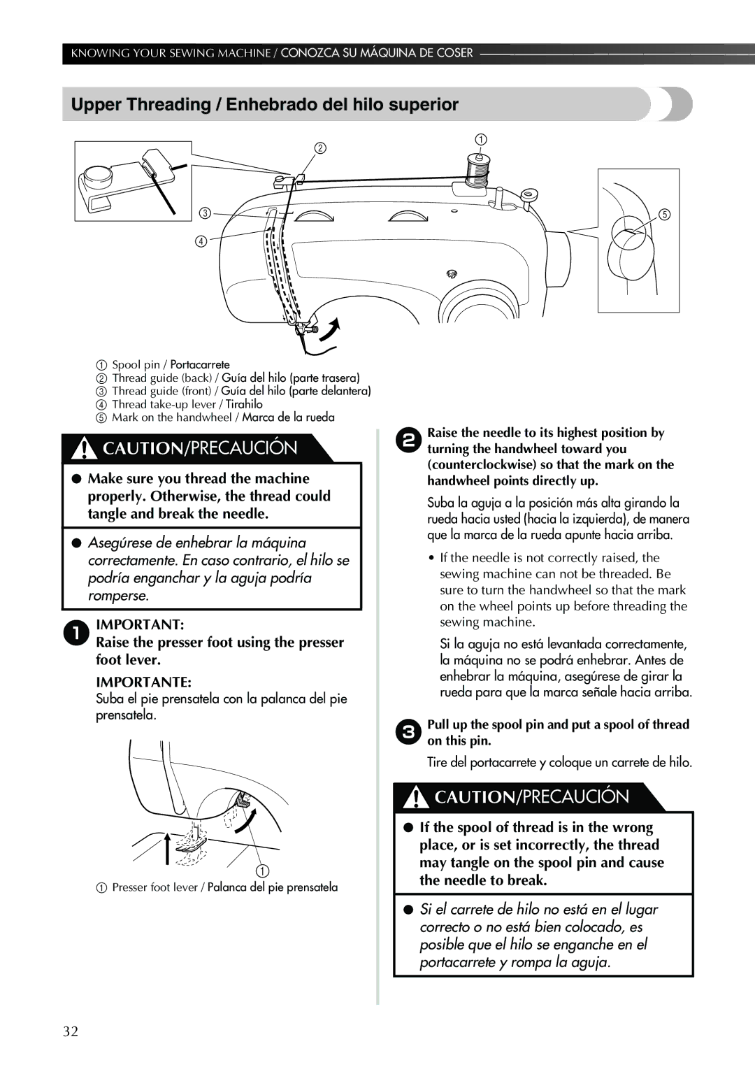 Brother Sewing Machine operation manual Upper Threading / Enhebrado del hilo superior 