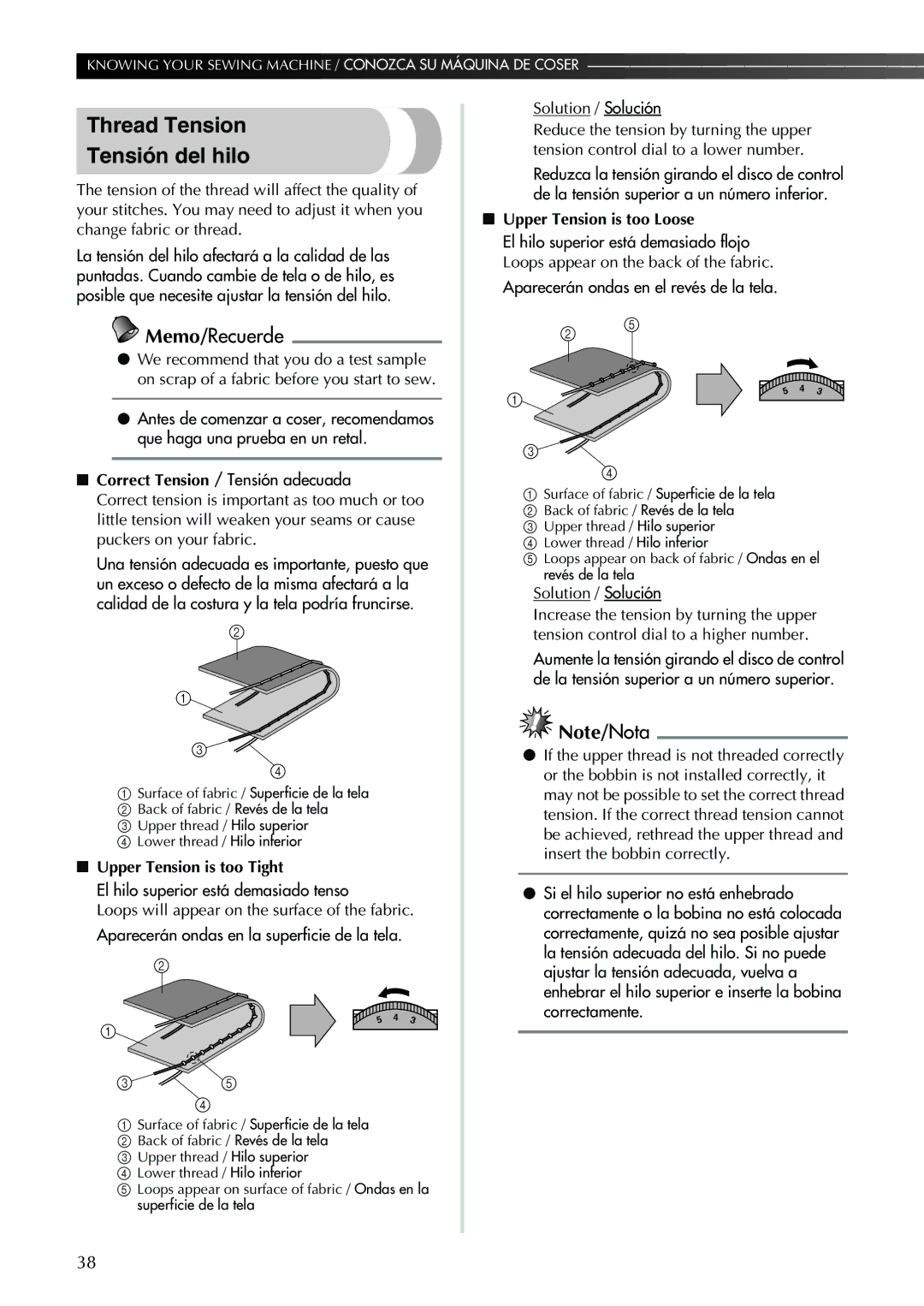 Brother Sewing Machine operation manual Thread Tension Tensión del hilo, Solution / Solución, Upper Tension is too Loose 