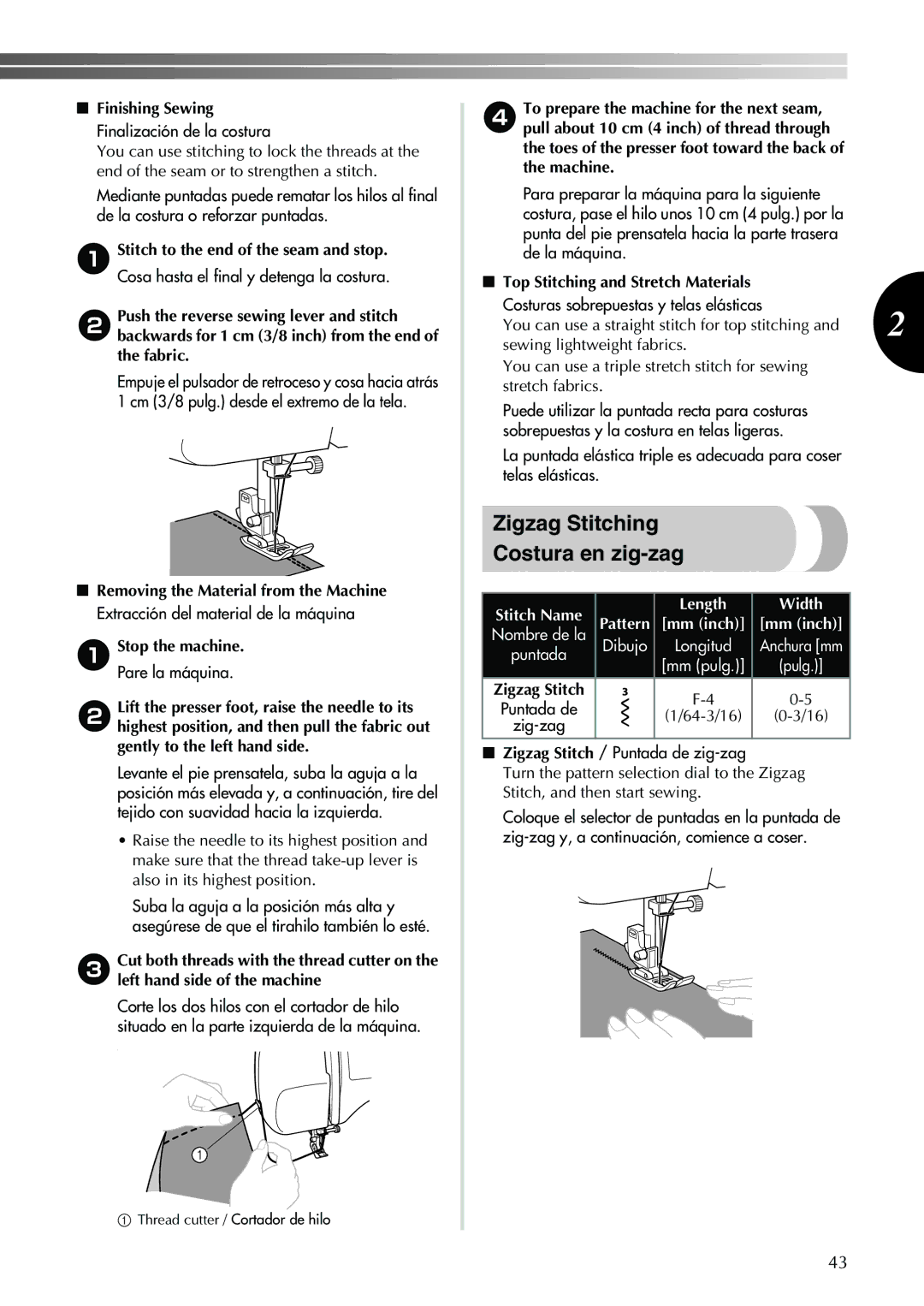 Brother Sewing Machine operation manual Zigzag Stitching Costura en zig-zag, Para preparar la máquina para la siguiente 