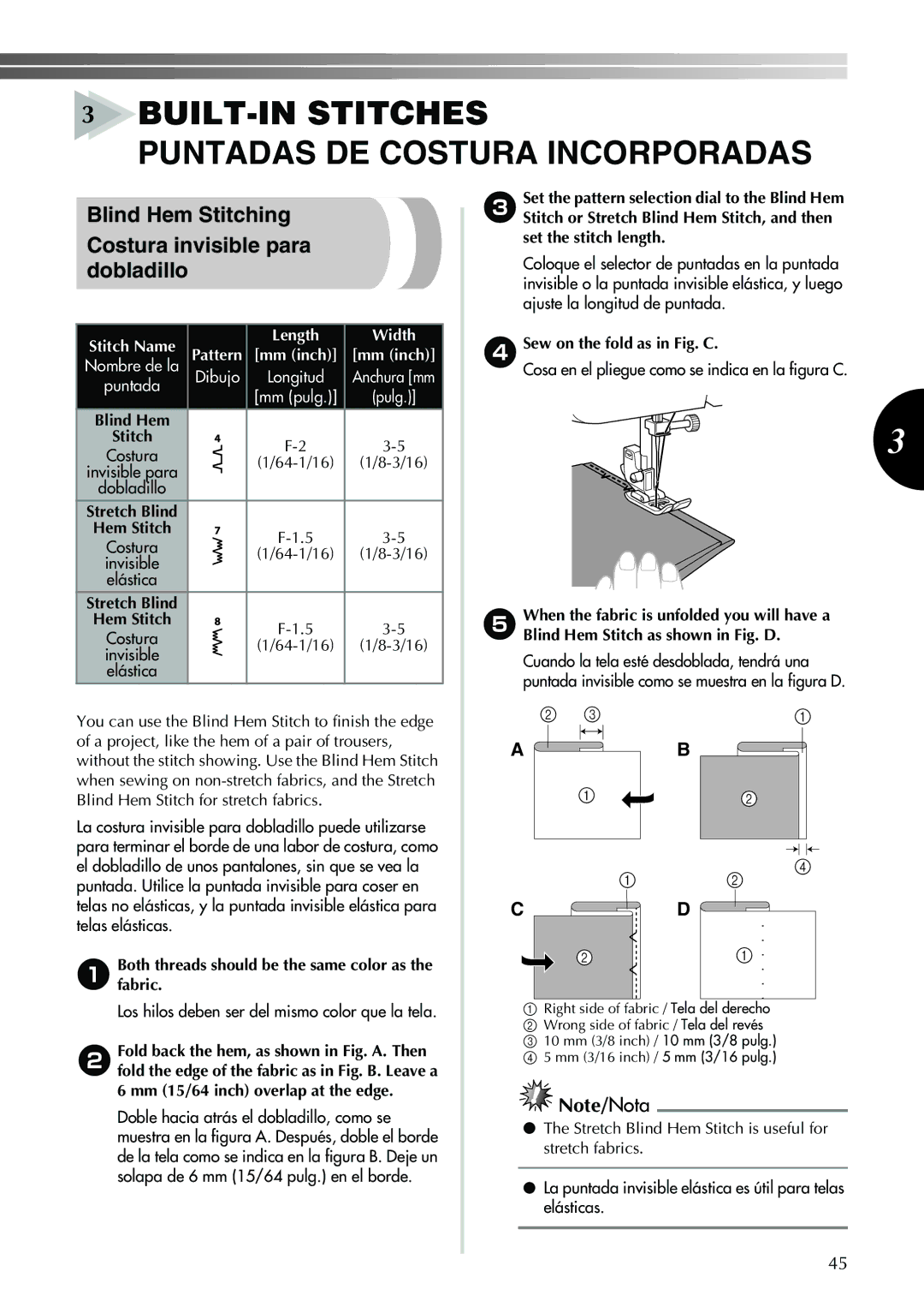 Brother Sewing Machine operation manual Blind Hem Stitching Costura invisible para dobladillo, Sew on the fold as in Fig. C 