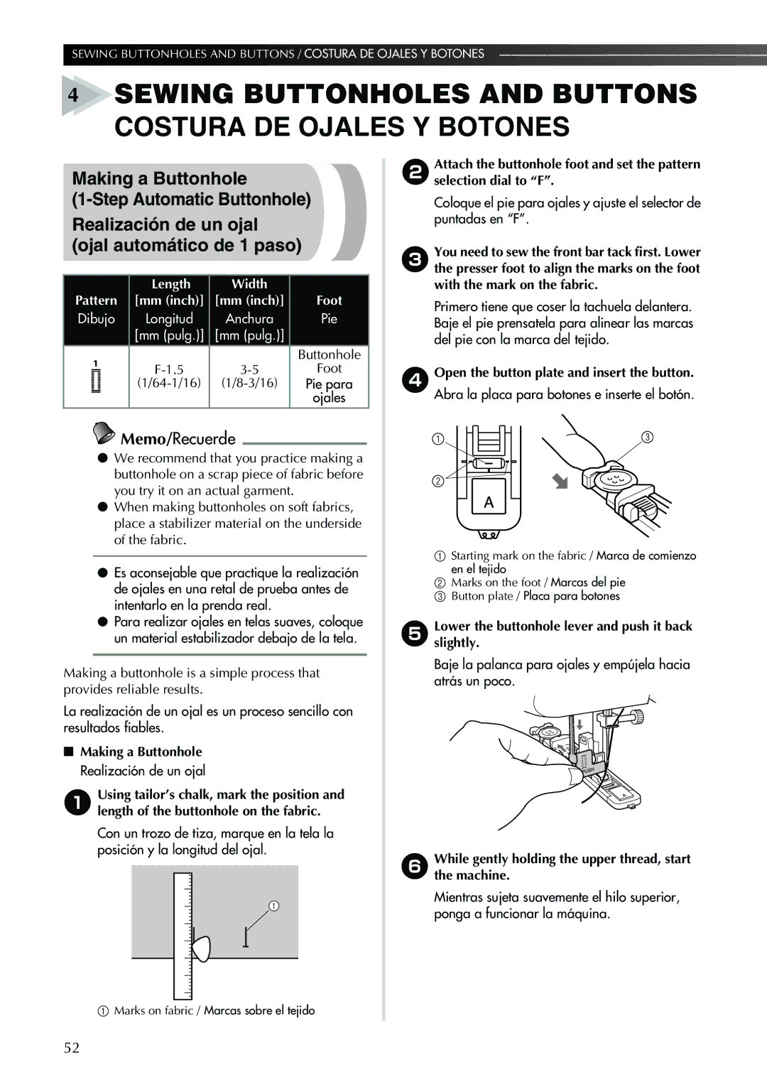 Brother Sewing Machine operation manual Lowerslightly.the buttonhole lever and push it back 